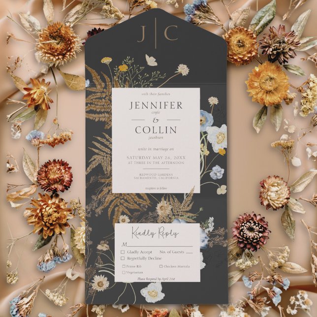Invitación Todo En Uno Flores silvestres rusticas Monograma Cena negra (Rustic Wildflowers Monogram Black Dinner All In One Invitation)