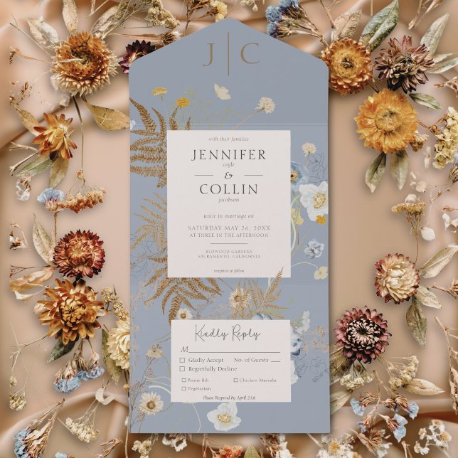 Invitación Todo En Uno Flores silvestres rusticas Monograma Dinero azul t (Rustic Wildflowers Monogram Dusty Blue Dinner All In One Invitation)