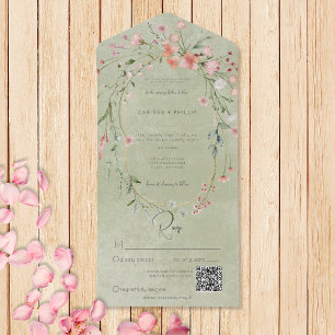 Invitación Todo En Uno Flores silvestres rusticas rosadas Delicadas Sage