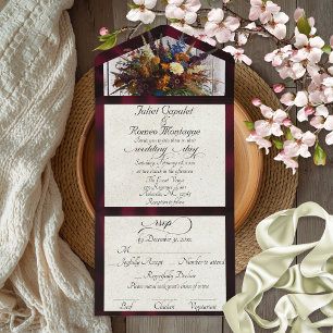 Invitación Todo En Uno Flores silvestres y cinta de seda borgoña para la