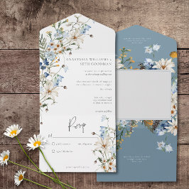 Invitación Todo En Uno Flores silvestres y margaritas azules polvorientas