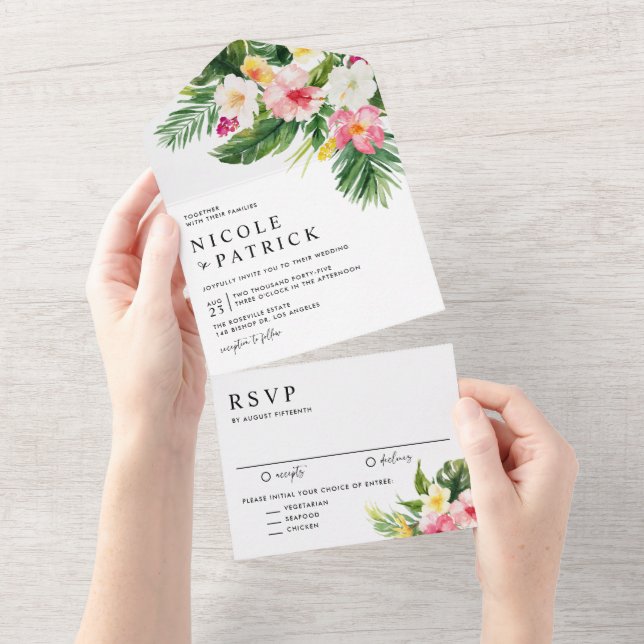 Invitación Todo En Uno Flores tropicales acuáticas y Boda de la vegetació (desgarro)
