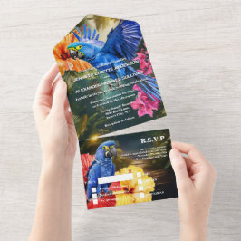 Invitación Todo En Uno Flores tropicales de loro de lomo jungla