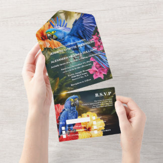 Invitación Todo En Uno Flores tropicales de loro de lomo jungla