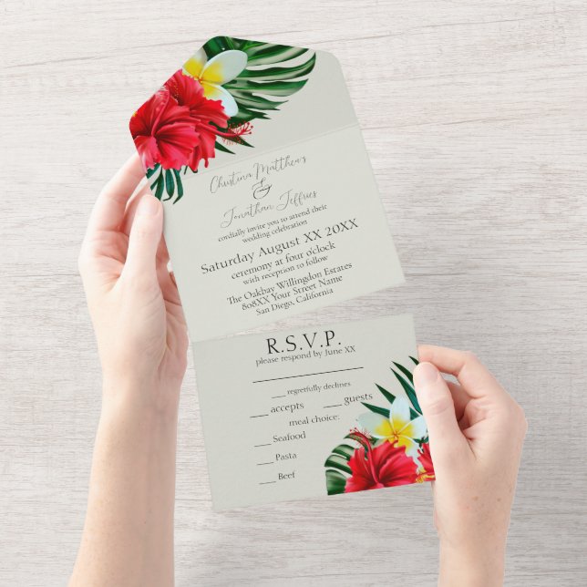 Invitación Todo En Uno Flores tropicales hawaianas en elegante sabio (desgarro)