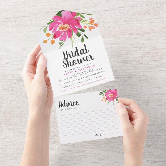 Invitación Todo En Uno Flores tropicales rosadas Consejo de Ducha Bridal (desgarro)