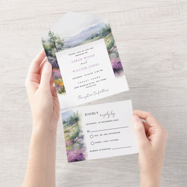 Invitación Todo En Uno Flores violetas invitan a todo en una boda (desgarro)