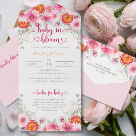 Invitación Todo En Uno Flores y Baby Shower de color de agua rosa suave