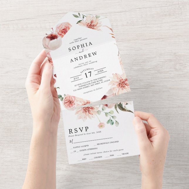 Invitación Todo En Uno Flores y eucalipto deja Boda (desgarro)