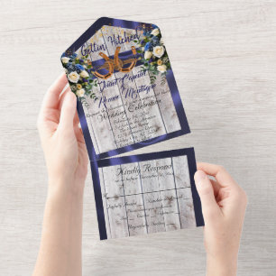 Invitación Todo En Uno Flores y herraduras, cinta azul