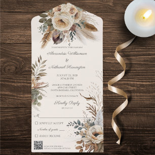 Invitación Todo En Uno Flores y plumas bohemias neutrales Código QR