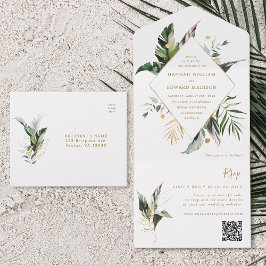 Invitación Todo En Uno Foliage de color de agua tropical Boda de oro Códi