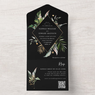 Invitación Todo En Uno Foliage de color de agua tropical Código QR Boda n