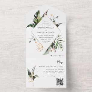 Invitación Todo En Uno Foliage de color de agua tropical Código QR Boda v
