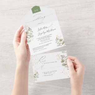 Invitación Todo En Uno Foliage de oro verde de color de agua de PixDezine