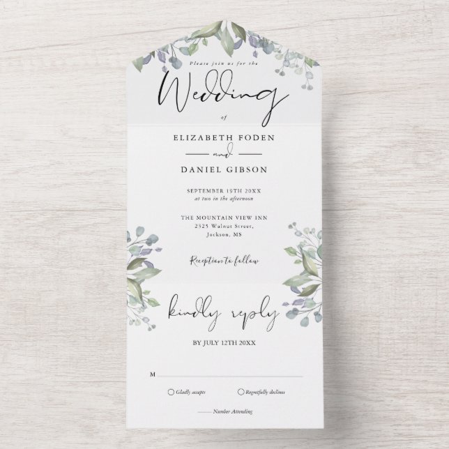 Invitación Todo En Uno Foliage Greenering Elegant Script Boda (Interior)