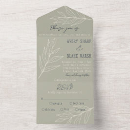 Invitación Todo En Uno Foliage Leaf Line Art Sage, Cream & Navy Boho