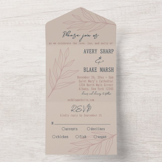 Invitación Todo En Uno Foliage Line Art Champagne, Pink & Navy Boho (Interior)