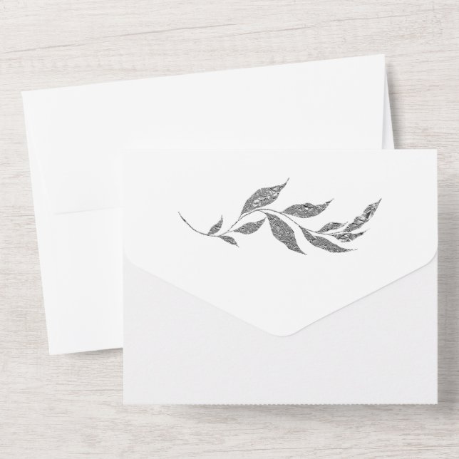 Invitación Todo En Uno Foliage metálico plateado Boda simple todo en uno (Reverso )