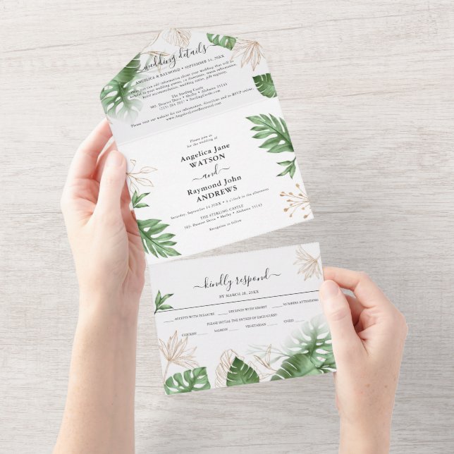 Invitación Todo En Uno Follaje de Playa Tropical y Elegante Boda Dorada (desgarro)