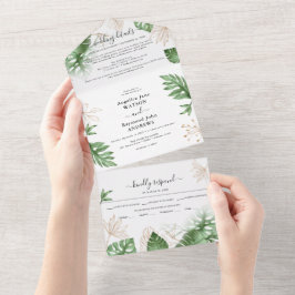 Invitación Todo En Uno Follaje Tropical de Playa y Boda Elegante de Oro