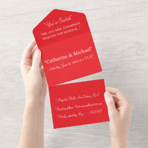Invitación Todo En Uno Fondo Rojo Clásico y Audaz – Diseño de Boda