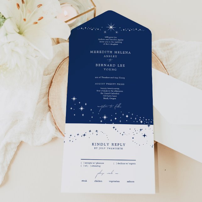 Invitación Todo En Uno Formal Celestial Elegant Wedding Navy Blue (Subido por el creador)