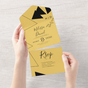 Invitación Todo En Uno Formas Geométricas Amarillo Negro Boda 