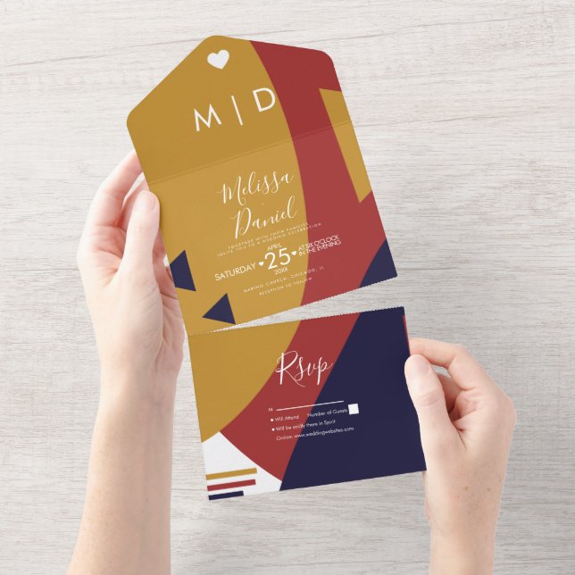 Invitación Todo En Uno Formas geométricas Boda de mostaza de la Marina (desgarro)