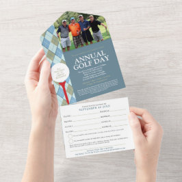 Invitación Todo En Uno Foto anual del personalizado del día de golf azul 
