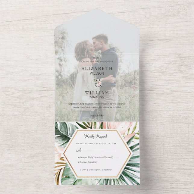 Invitación Todo En Uno Foto Boda de hojas tropicales con detalles de RSVP (Interior)