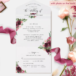 Invitación Todo En Uno Foto: Boda de Rubor de Borgoña con RSVP Perforada