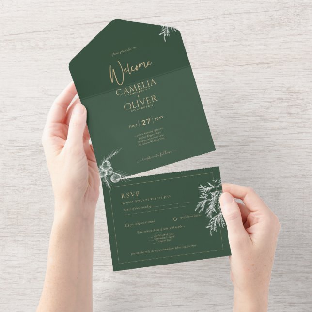 Invitación Todo En Uno FOTO Boda Invito a Juniper Green Modern Budget (desgarro)