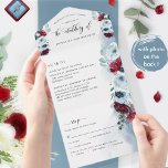 Invitación Todo En Uno Foto, Boda rojo y azul con RSVP reforzada<br><div class="desc">Deléite a sus huéspedes con esta elegante y floral invitación de boda todo en uno con RSVP perforada. Invitación respetuosa con el medio ambiente ya que no hay necesidad de tarjetas de inserción extra, tarjetas RSVP o sobres RSVP, esta invitación tiene todo! Posibilidad de añadir detalles de la ceremonia Boda...</div>