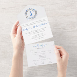 Invitación Todo En Uno Foto de Back Blue Peony Wreath Simple Moderno