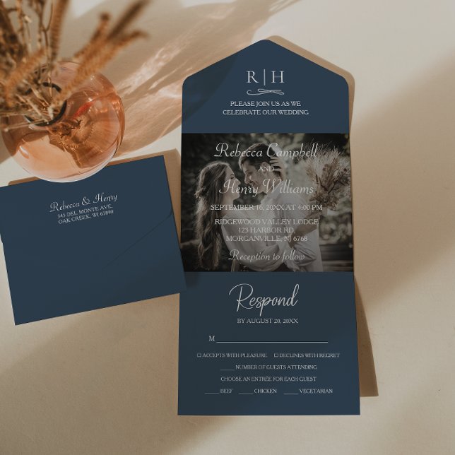 Invitación Todo En Uno Foto de Boda azul de la Marina moderna | Monograma (Simplify your wedding with our all-in-one invitation – convenience and beauty in a single card.)