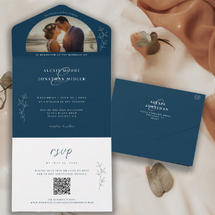 Invitación Todo En Uno Foto de boda azul oscura y romántica