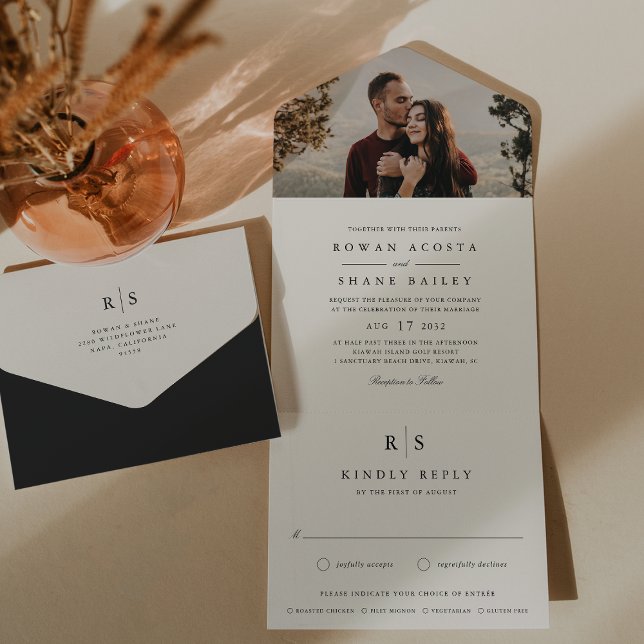Invitación Todo En Uno Foto de Boda de monograma clásico negro y crudo (Subido por el creador)