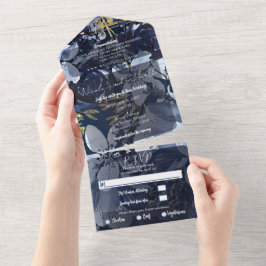 Invitación Todo En Uno Foto de Boda Floral de Acuarela en Azul Marino y D