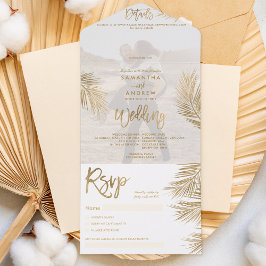 Invitación Todo En Uno Foto de boda tropical de palmera dorada de moda mo
