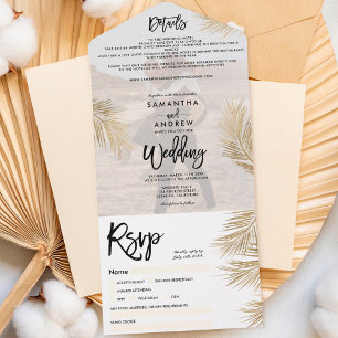 Invitación Todo En Uno Foto de boda tropical de palmera dorada negra mode