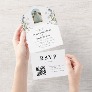 Invitación Todo En Uno Foto de Boho Arch Flores silvestres y Boda de códi