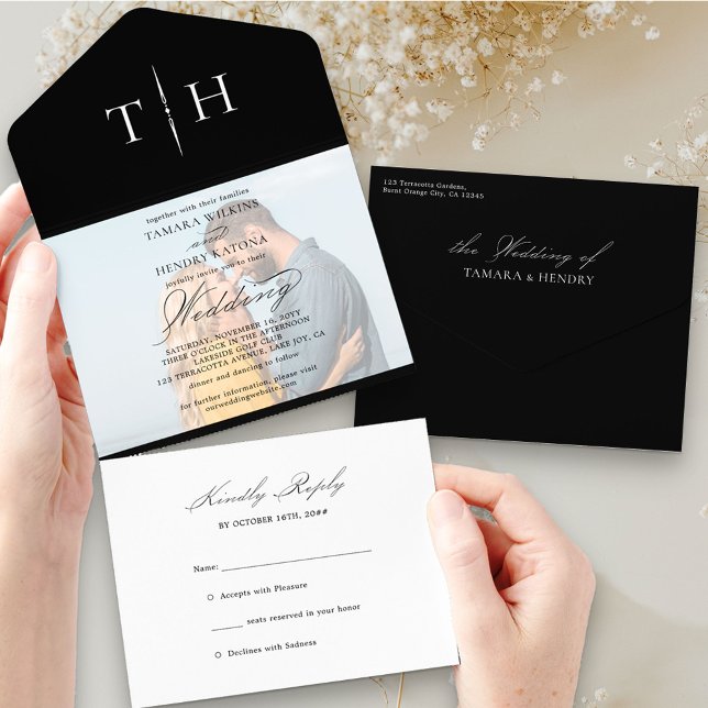 Invitación Todo En Uno Foto de caligrafía simple Boda RSVP blanco negro (Subido por el creador)
