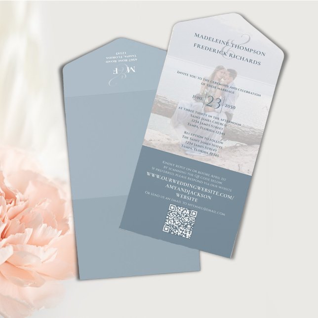 Invitación Todo En Uno Foto de código QR Elegante Dusty Blue RSVP en líne (Elegant Dusty blue wedding invitation with QR code and photo template. )