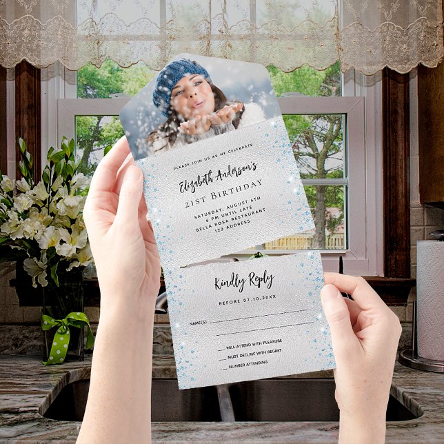 Invitación Todo En Uno Foto de cumpleaños azul de plata rsvp (Subido por el creador)