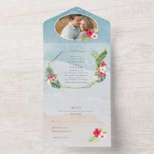 Invitación Todo En Uno Foto de Flor Tropical Boda en la Playa
