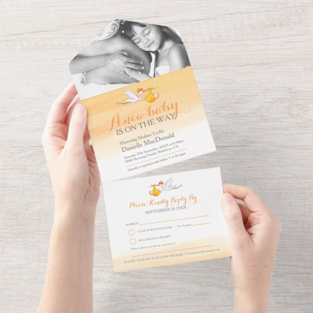Invitación Todo En Uno Foto de naranja con acuarela de entrega de cigüeña (desgarro)