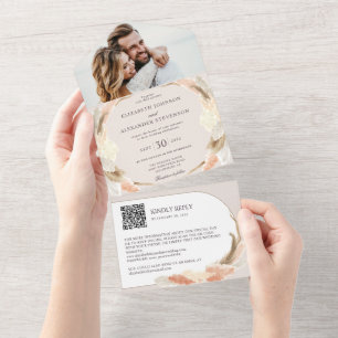 Invitación Todo En Uno Foto de Pampas grass boho boda de códigos QR