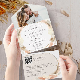 Invitación Todo En Uno Foto de Pampas grass boho boda de códigos QR
