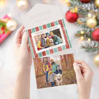 Invitación Todo En Uno Foto de rayas de Navidad con acuarela festiva